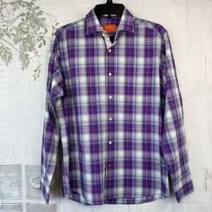 Tallia Mens Purple Plaid Collard Button Up Dress Up Shirt Sz. Medium M 15 1/2